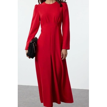 Moda Stil Fitted Bisiklet Yaka Maxi Boy Tesettür Dokuma Elbise