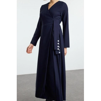 Moda Stil Regular Ceket Yaka Maxi Boy Tesettür Kruvaze Yaka Yandan Bağlama Detaylı Dokuma Elbise