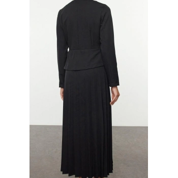 Moda Stil Regular Bisiklet Yaka Maxi Boy Tesettür Fermuar Detaylı Piliseli Dokuma Elbise