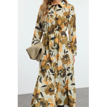Moda Stil Regular Gömlek Yaka Maxi Boy Tesettür Çiçek Desenli Piliseli Dokuma Elbise