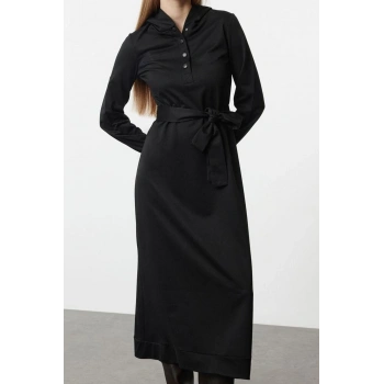 Moda Stil Oversize Kapüşonlu Maxi Boy Tesettür Normal Kalıp Örme Elbise