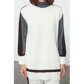 Tarz Kadın Modern Moda Normal Bel Geniş Paça Dik Yaka Beyaz Renk Bloklu Dik Yaka Triko Alt-Üst Takım