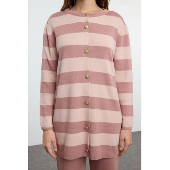 Tarz Kadın Modern Moda Normal Bel Boru Paça V Yaka Çizgili Triko Hırka Pantolon Alt-Üst Takım