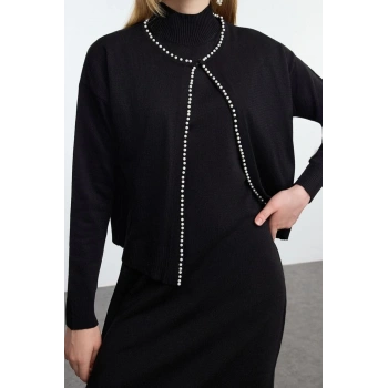 Tarz Kadın Modern Moda Normal Bel Boru Paça Dik Yaka İncili Triko Elbise Hırka Takım