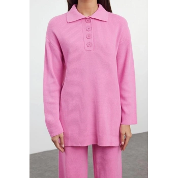 Tarz Kadın Modern Moda Normal Bel Geniş Paça V Yaka Polo Yaka Ftilli Triko Alt-Üst Takım