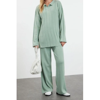 Tarz Kadın Modern Moda Normal Bel Boru Paça Polo Yaka Fitilli Örgü Polo Yaka Triko Alt-Üst Takım