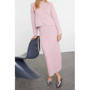 Tarz Kadın Modern Moda Normal Bel Boru Paça Bisiklet Yaka Ekoseli Triko Alt-Üst Takım