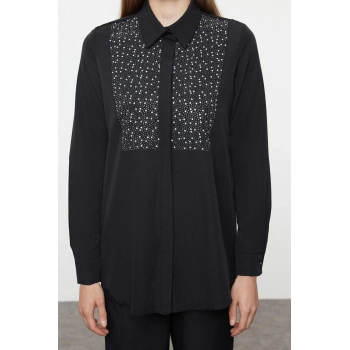 Tarz Kadın Modern Moda Normal Bel Boru Paça Gömlek Yaka Taş İşlemeli Dokuma Alt-Üst Takım