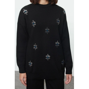 Tarz Kadın Modern Moda Normal Bel Boru Paça Bisiklet Yaka Nakış Göz Detaylı Triko Alt-Üst Takım