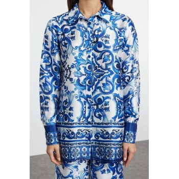 Tarz Kadın Modern Moda Normal Bel Boru Paça V Yaka Desenli Saten Dokuma Alt-Üst Takım