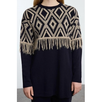 Tarz Kadın Modern Normal Bel Geniş Paça Geometrik Desenli Püskül Detaylı Triko Alt-Üst Takım