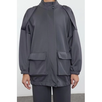 Tarz Kadın Modern Moda Normal Bel Boru Paça V Yaka Cep Detaylı Dik Yaka Örme Alt-Üst Takım