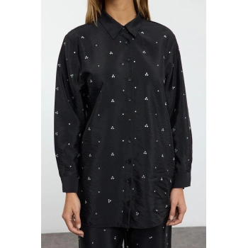 Tarz Kadın Modern Moda Normal Bel Boru Paça Gömlek Yaka Taş Detaylı Dokuma Alt-Üst Takım