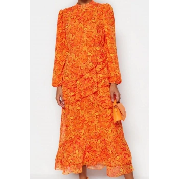 Moda Stil Regular Bisiklet Yaka Maxi Boy Tesettür Çiçekli Eteği Fırfırlı Astarlı Dokuma Şifon Elbise