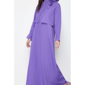 Moda Stil Regular Boyundan Bağlamalı Maxi Boy Tesettür Yakası Bağlama Detaylı Dokuma Elbise