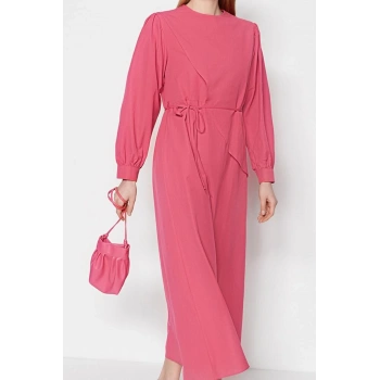 Moda Stil Regular Bisiklet Yaka Maxi Boy Tesettür Kuşaklı Önü Parçalı Pamuklu Dokuma Astarsız Elbise