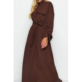 Moda Oversize Maxi Tesettür Kuşaklı Kolları Ayarlanabilir Detaylı Pamuklu Dokuma Gömlek Elbise