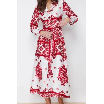 Moda Stil Regular Gömlek Yaka Maxi Boy Tesettür Dokuma Saten Desenli Gömlek Abiye Elbise