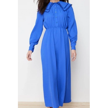 Moda Stil Regular Bebe Yaka Maxi Boy Tesettür lı Keten Görünümlü Dokuma Elbise