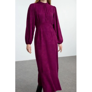 Moda Stil Regular Bisiklet Yaka Maxi Boy Tesettür Jakarlı Çiçekli Dokuma Elbise