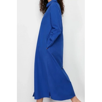 Moda Stil Regular Gömlek Yaka Maxi Boy Tesettür Düz Dokuma Gömlek Elbise