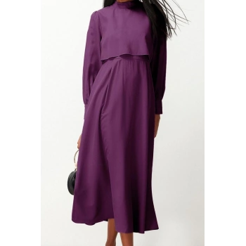 Moda Stil Regular Dik Yaka Maxi Boy Tesettür Aller Parça Detaylı Dokuma Elbise