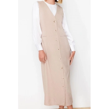 Moda Stil Regular V Yaka Maxi Boy Tesettür Dokuma Kumaş Jile Elbise