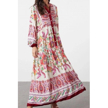 Moda Stil Relaxed Hakim Yaka Maxi Boy Tesettür Çiçekli Viskon Dokuma Elbise