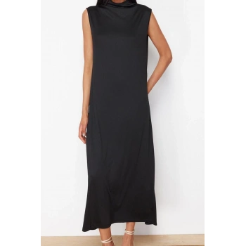 Moda Stil Regular Dik Yaka Maxi Boy Tesettür Örme Dalgıç Scuba Kolsuz Astar İçlik Elbise