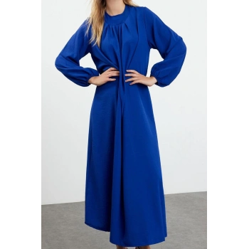 Moda Stil Relaxed Bisiklet Yaka Maxi Boy Tesettür Rahat Kesim Balon Kollu Aerobin Dokuma Elbise