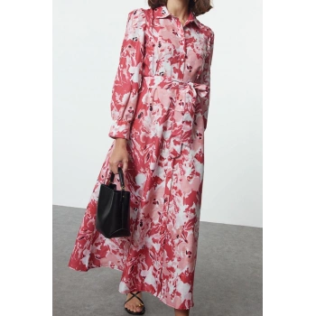 Moda Stil Regular Gömlek Yaka Maxi Boy Tesettür Kuşaklı Çiçekli Dokuma Elbise