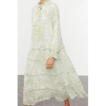 Moda Stil Regular Hakim Yaka Maxi Boy Tesettür Dokuma Şifon Çiçek Desenli Elbise