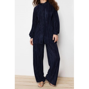 Tarz Kadın Modern Moda Normal Bel Boru Paça V Yaka Piliseli Örme Alt-Üst Takım