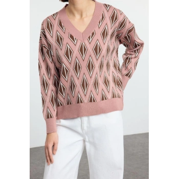 Stil Modern Kadın Regular Düşük Kol V Yaka Geometrik Desenli Triko Kazak