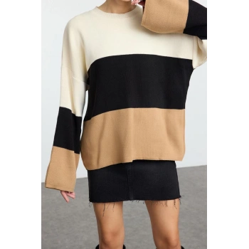 Stil Modern Kadın Uzun Düşük Kol Bisiklet Yaka Renk Bloklu Triko Kazak