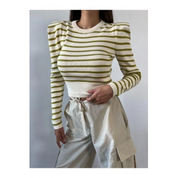Stil Modern Kadın Regular Standart Kol Bisiklet Yaka Vatka Detaylı Çizgili Triko Kazak