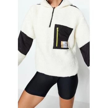 Oversize Fermuarlı Yaka Düşük Kol Paraşüt Kumaş Detaylı Peluş Geniş Kalıp Örme Spor Sweatshirt