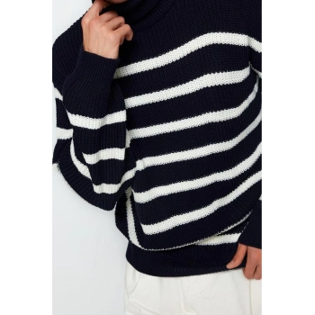 Stil Modern Unisex Regular Düşük Kol Balıkçı Yaka Casual Unisex Fit Geniş Kalıp Çizgili Triko Kazak