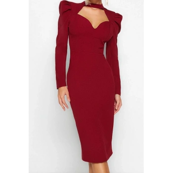 Moda Stil Fitted Dik Yaka Midi Boy Vücuda Oturan Dokuma Şık Abiye Elbise