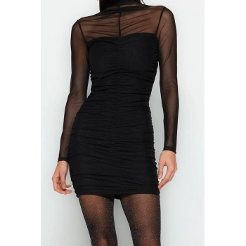 Moda Stil Fitted Dik Yaka Mini Boy Vücuda Oturan Astarlı Örme Tül Kısa Şık Abiye Elbise