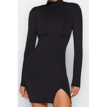 Moda Stil Fitted Dik Yaka Mini Boy Vücuda Oturan Örme Kısa Şık Abiye Elbise