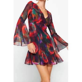 Moda Stil Fitted V Yaka Midi Boy A-Kesim Astarlı Şifon Şık Abiye Elbise