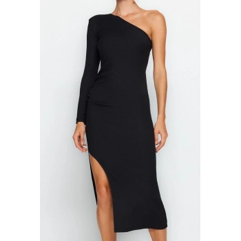 Moda Stil Fitted Asimetrik Yaka Midi Boy Vücuda Oturan Örme Şık Abiye Elbise