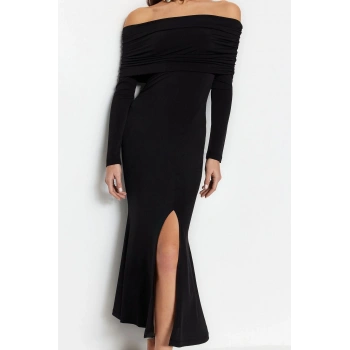 Moda Stil Fitted Carmen Yaka Midi Boy Şık Abiye Elbise