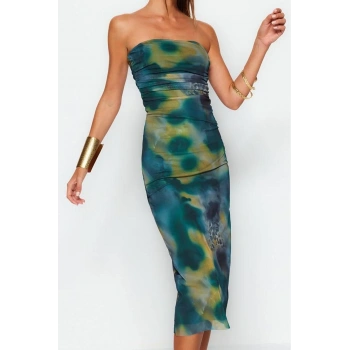 Moda Stil Slim Straplez Midi Boy Vücuda Oturan Örme Tül Şık Abiye Elbise