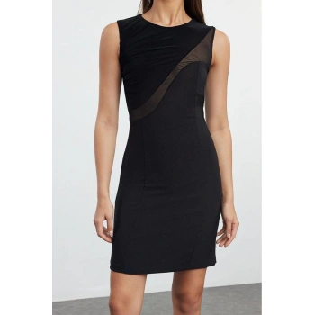 Moda Stil Fitted Kayık Yaka Mini Boy Transparan Detaylı Dokuma Kısa Şık Abiye Elbise