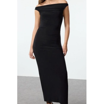 Moda Stil Fitted Carmen Yaka Midi Boy Vücuda Oturan Örme Şık Abiye Elbise