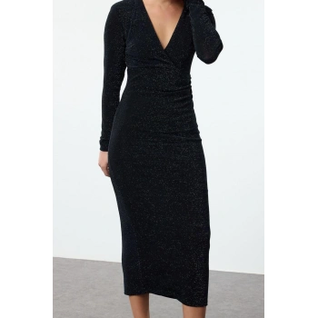 Moda Stil Fitted Kruvaze Midi Boy Vücuda Oturan V Yaka Simli Örme Elbise