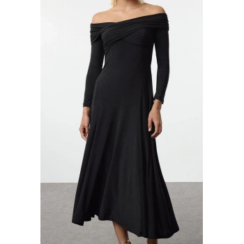 Moda Stil Fitted Asimetrik Yaka Midi Boy A-Kesim Örme Elbise