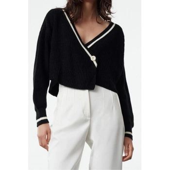 Kadın Modern Tarz Regular Kruvaze Crop Triko Hırka